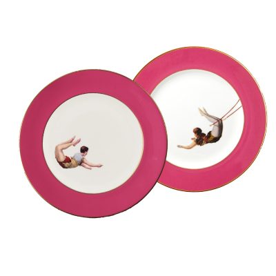 Trapeze Set of Two Raspberry Pink Dinner Plates